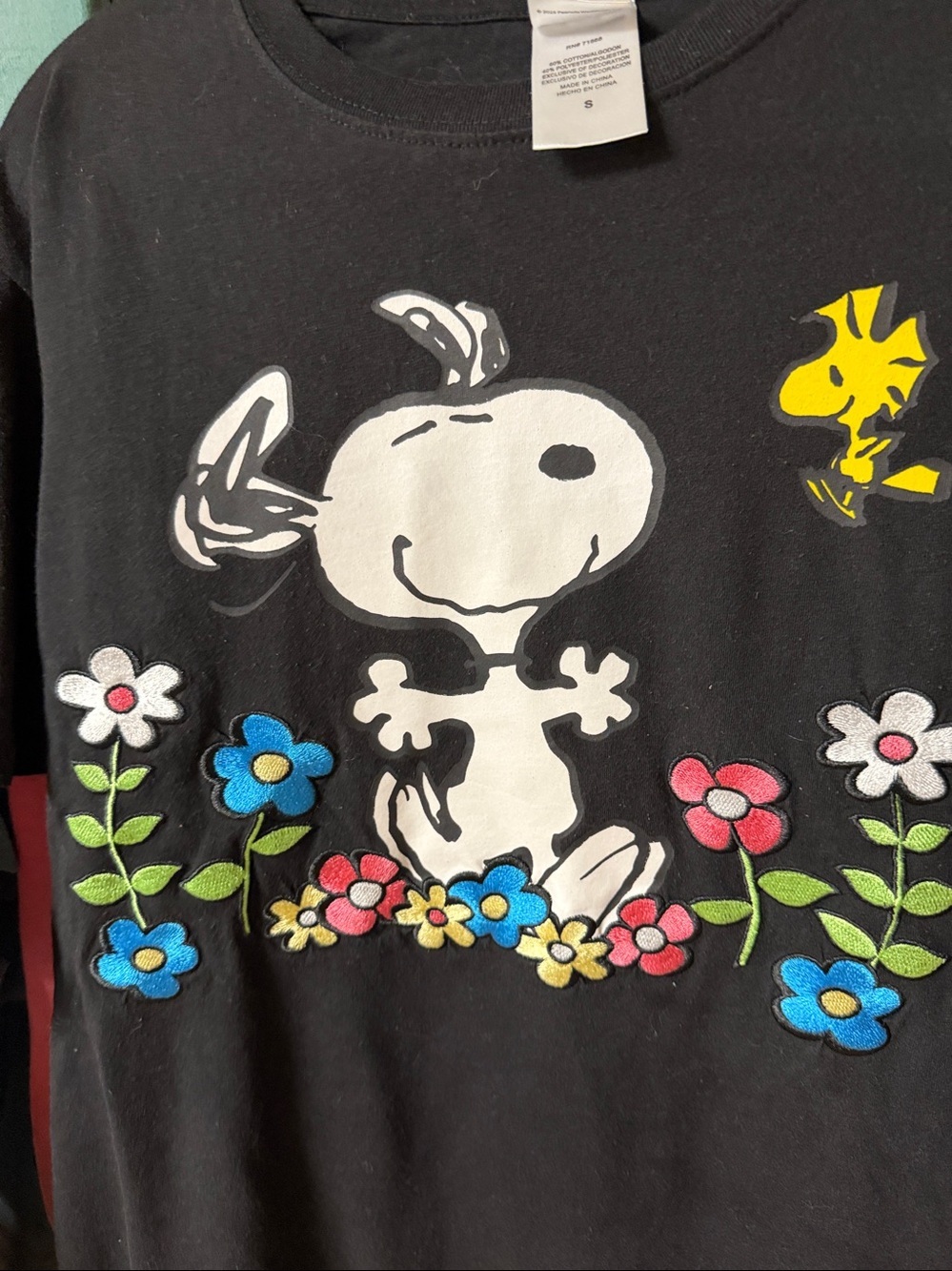 Peanuts Brand Black Matching Snoopy & Woodstock Flowers, shorts & T-shirt set S